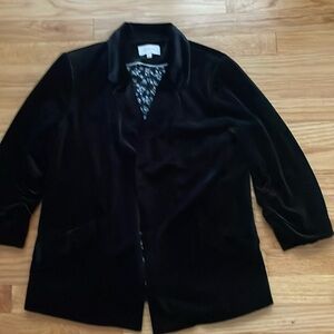 Skies Are Blue Black Velvet Blazer Size Open Front 3/4 Ruched Sleeve Career